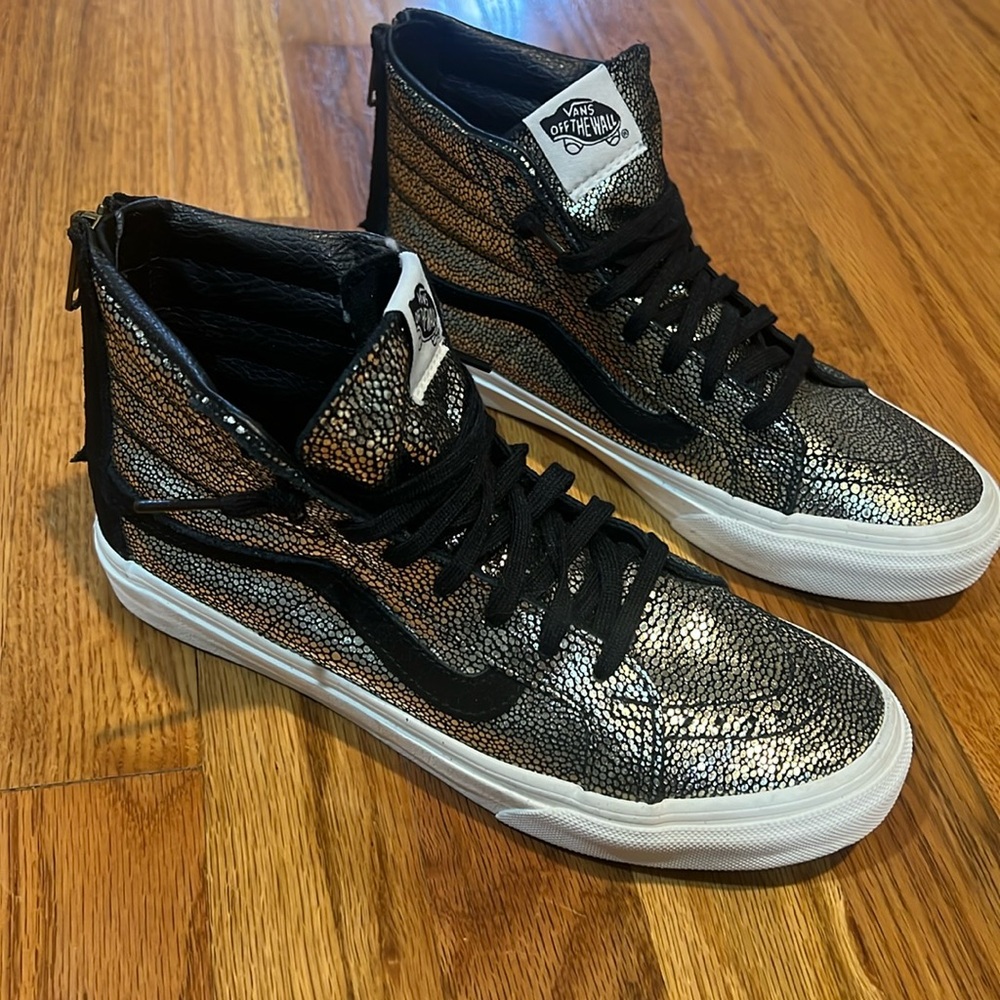 Vans! Women size 7 gold leather and black suede zip up high tops